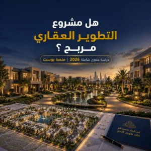 تصميم احترافي يعبر عن دراسة جدوى مشروع تطوير عقاري وكمبوند سكني، يضم مجتمعًا سكنيًا حديثًا يشتمل على فلل ومبانٍ سكنية ومسطحات خضراء ومرافق متكاملة تعكس فرص الاستثمار في القطاع العقاري.